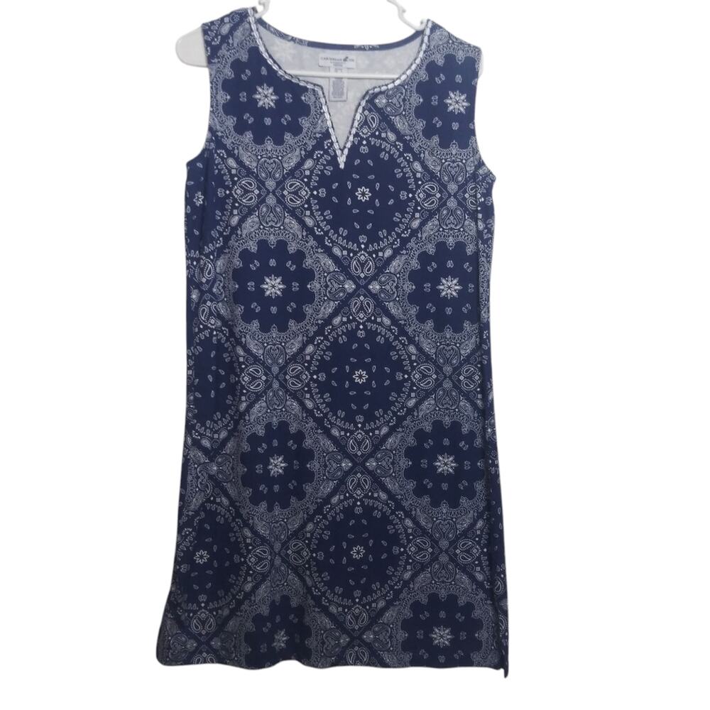 Caribbean Joe Blue Patterned Embroidered Sleeveless Resort Vacation Dress Sz PL